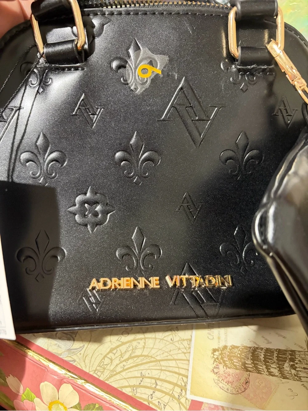 Adrienne Vittadini Black Embossed Faux Leather Dome Satchel